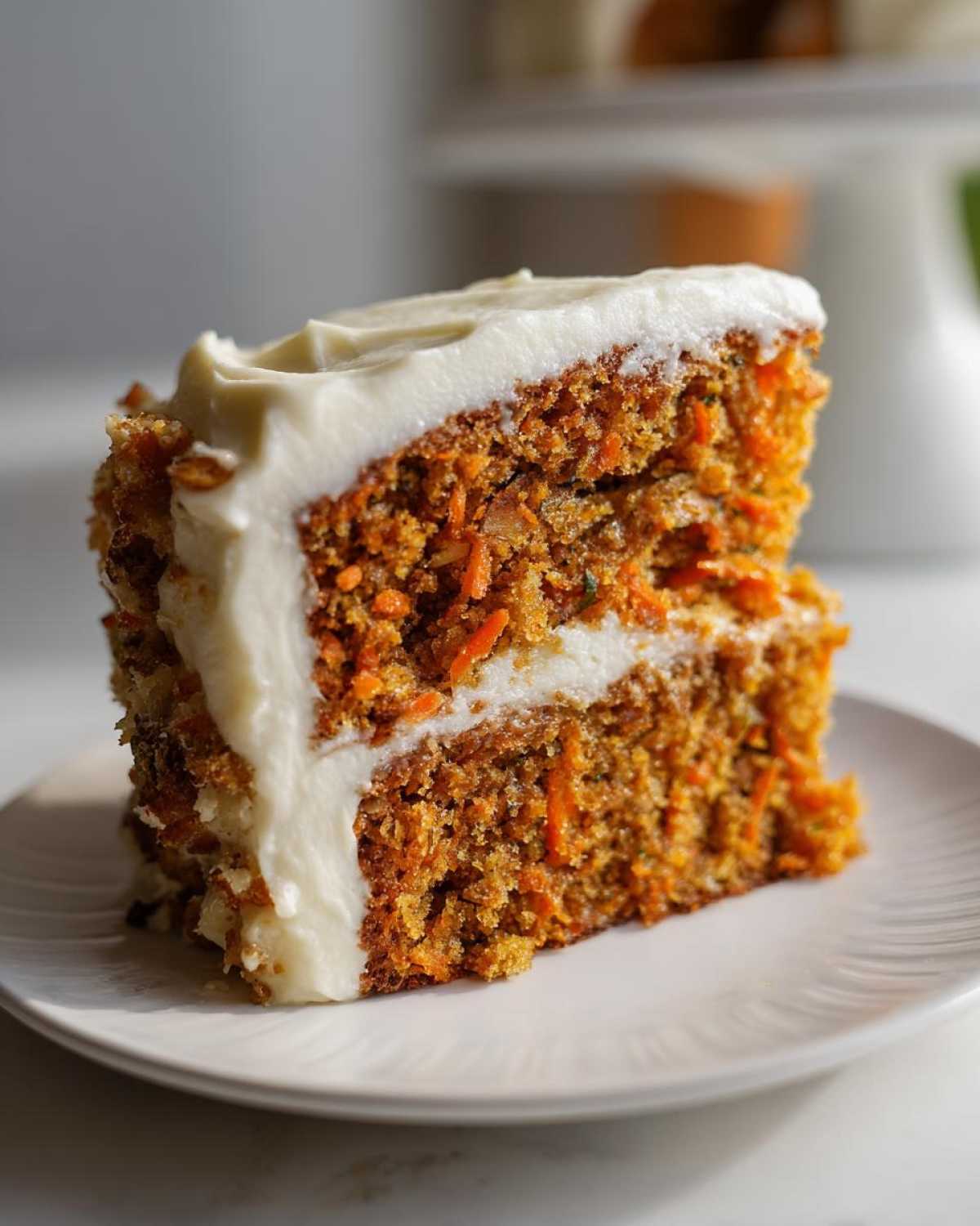 Close-up of a thick slice of moist carrot cake recipe with visible shredded carrots and cream cheese frosting.