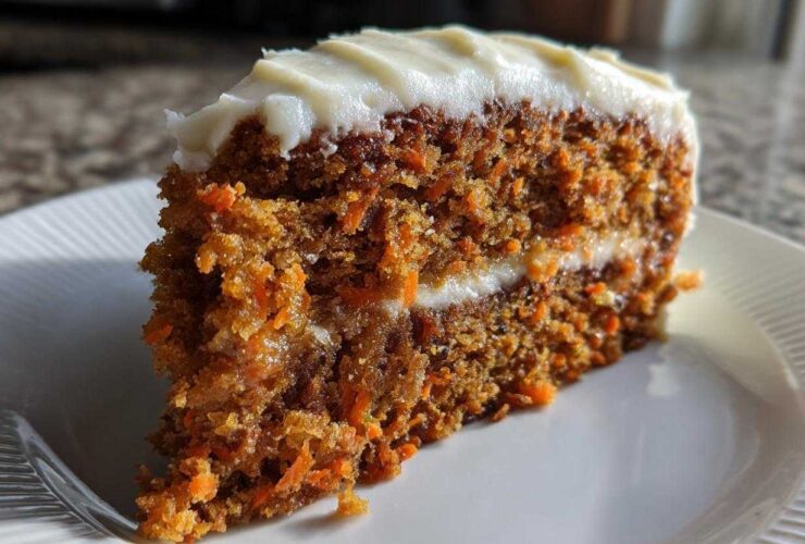 Close-up of a moist slice from a two-layer carrot cake recipe topped with thick cream cheese frosting.