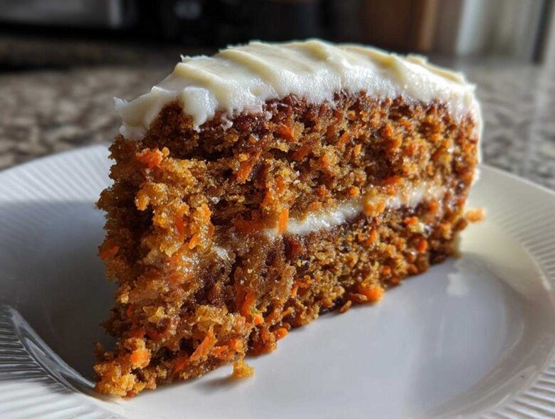 Close-up of a moist slice from a two-layer carrot cake recipe topped with thick cream cheese frosting.