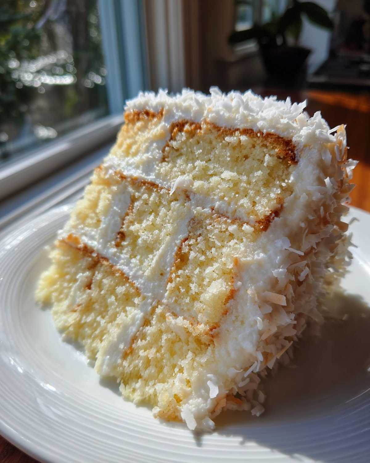 A tall slice of moist coconut cake layered with white frosting and covered in shredded coconut.