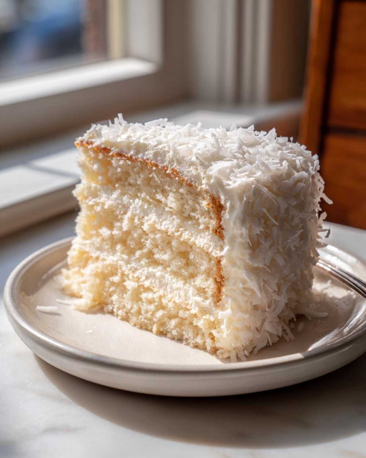 A tall slice of moist coconut cake, layered and covered in white frosting and shredded coconut flakes.