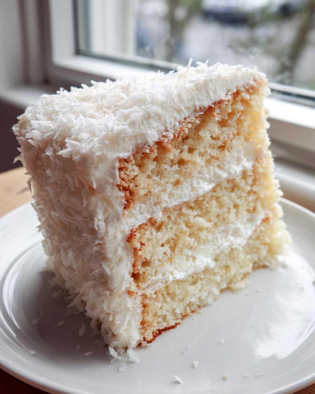 Close-up of a moist slice of coconut cake with white frosting and shredded coconut topping.