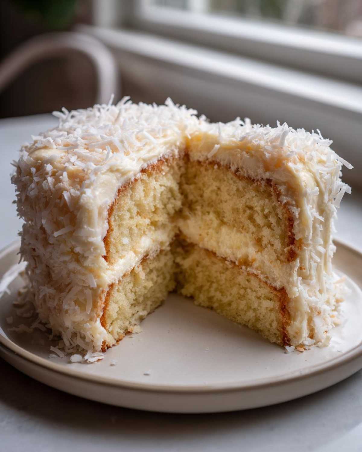 Close-up of a slice removed from a moist coconut cake, showing two layers and coconut frosting.