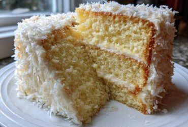 Cross-section of a moist coconut cake slice showing two layers, white frosting, and covered in shredded coconut.