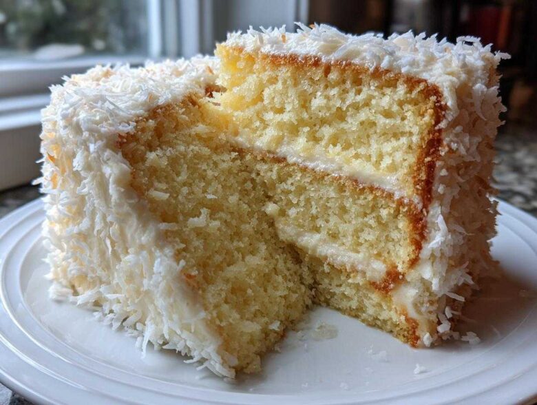Cross-section of a moist coconut cake slice showing two layers, white frosting, and covered in shredded coconut.