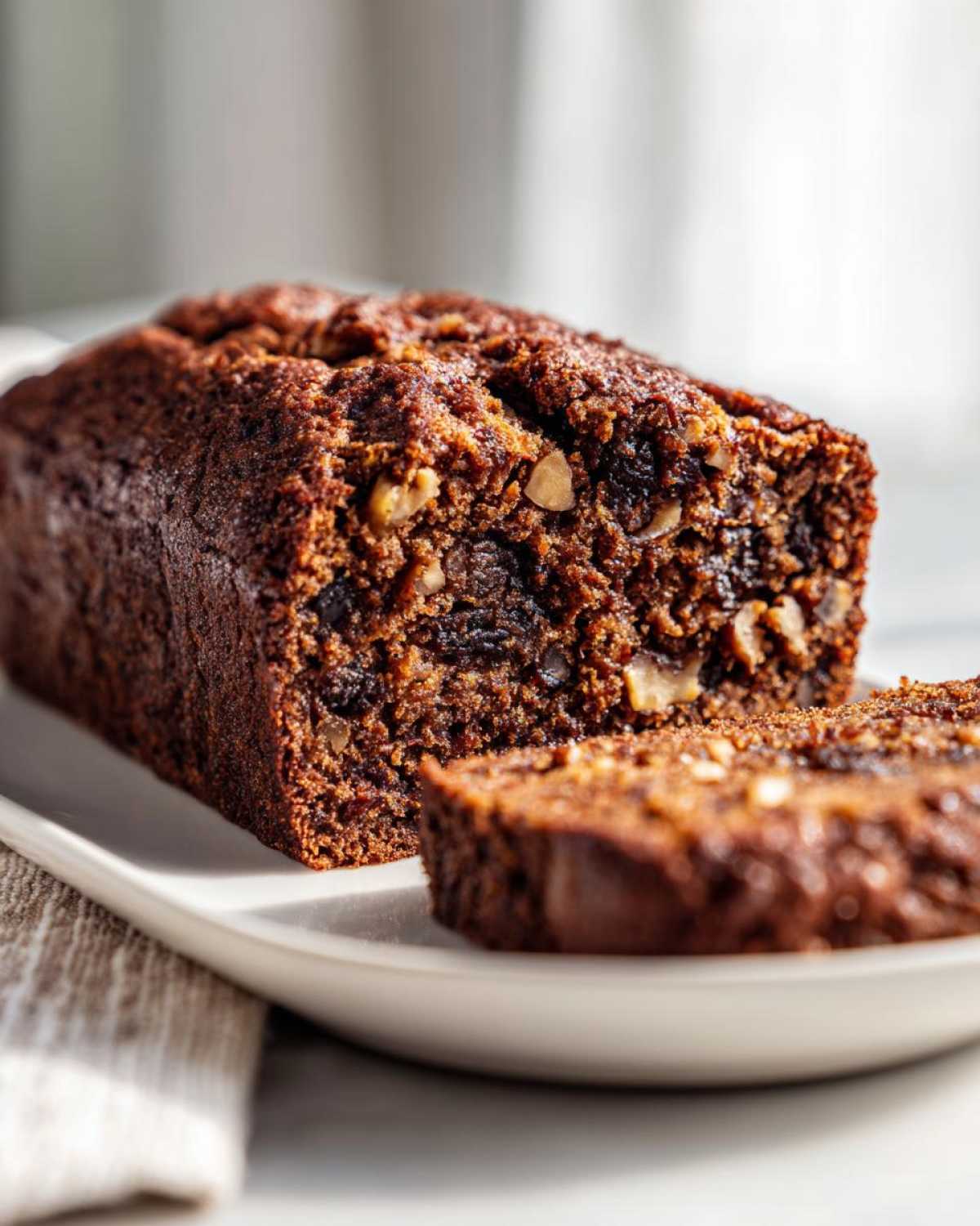 Close-up of a loaf of rich, dark date nut bread with a slice cut, showing visible nuts and dates inside.