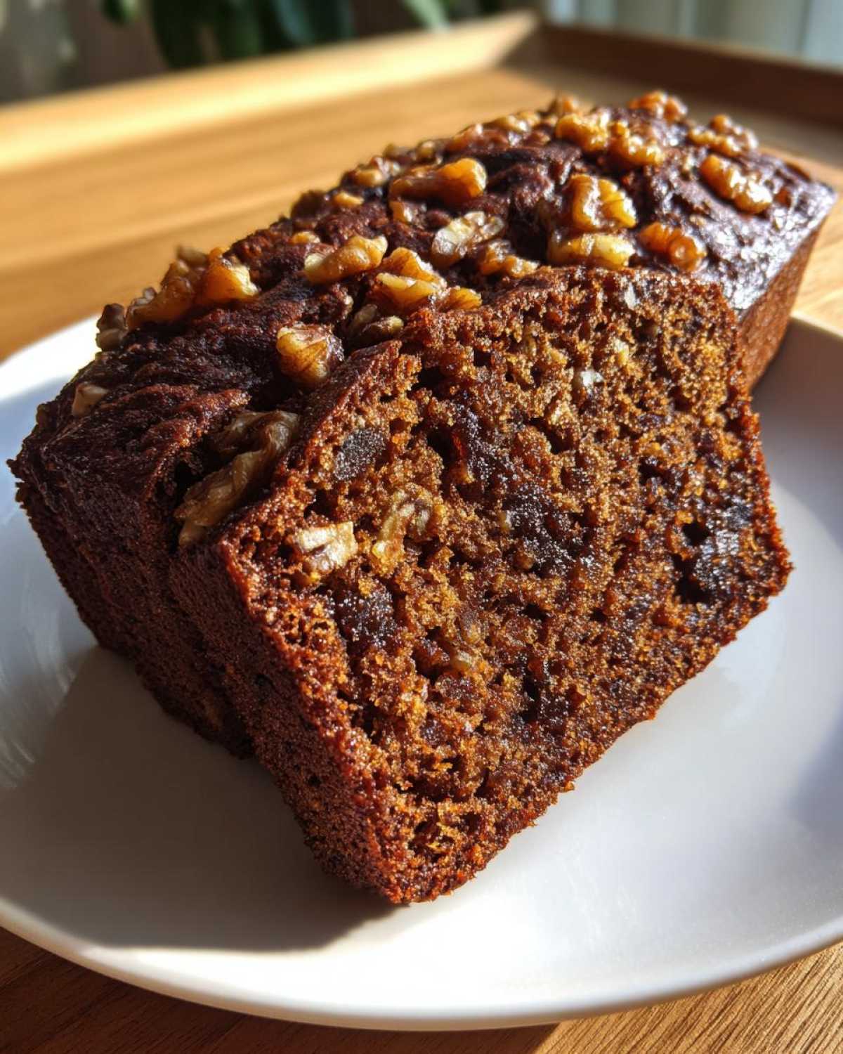 A close-up of a moist slice of dark date nut bread topped with walnuts, sitting next to the rest of the loaf.