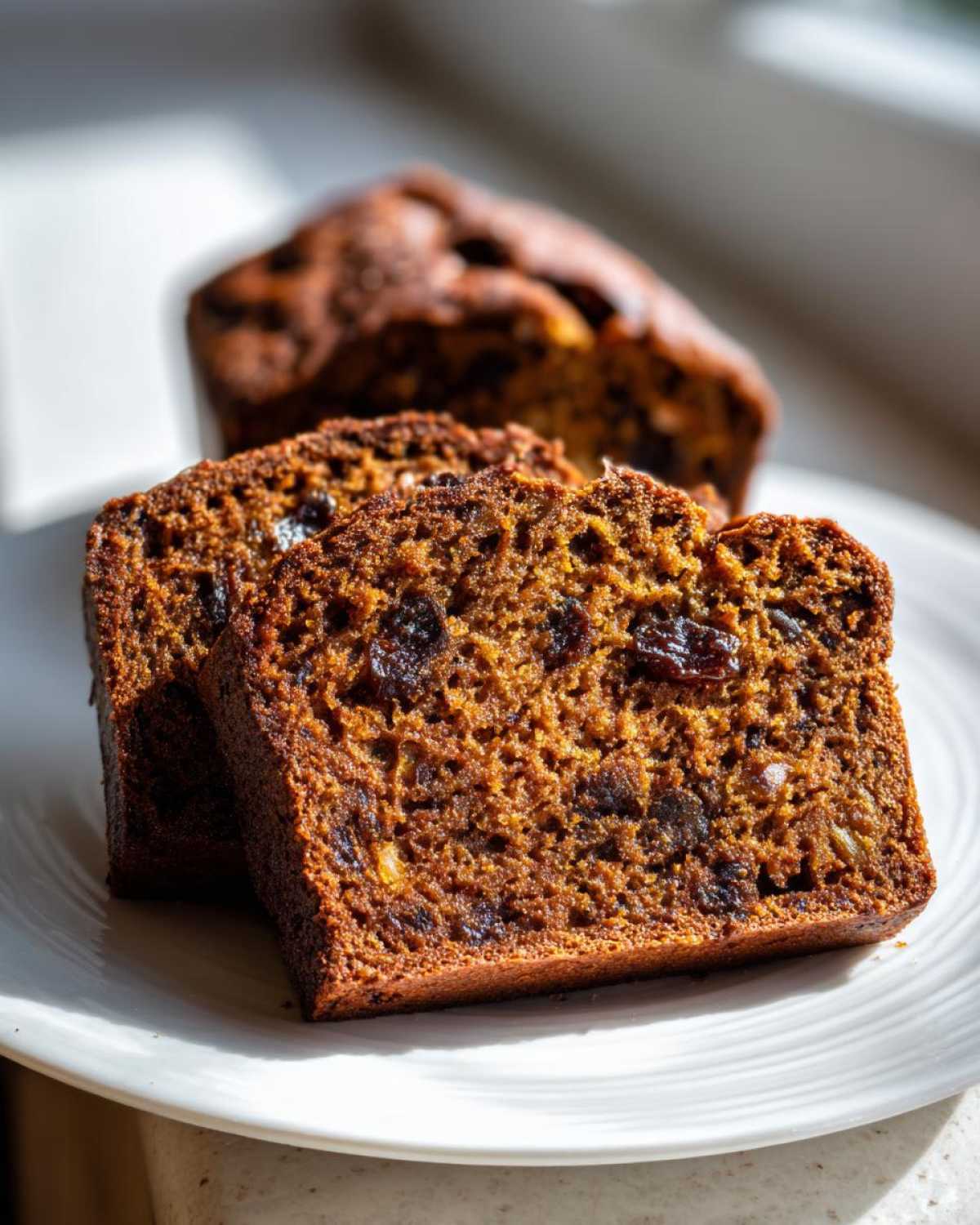 Close-up of two thick slices of moist date nut bread showing raisins and a rich brown crumb.