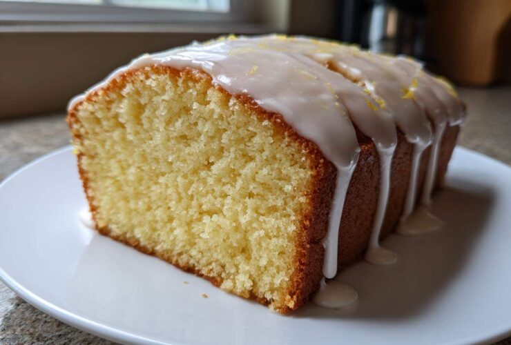 A slice of moist lemon pound cake topped with thick white glaze and lemon zest.