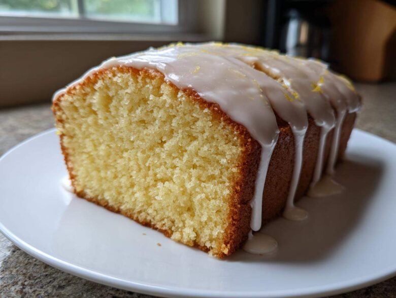 A slice of moist lemon pound cake topped with thick white glaze and lemon zest.