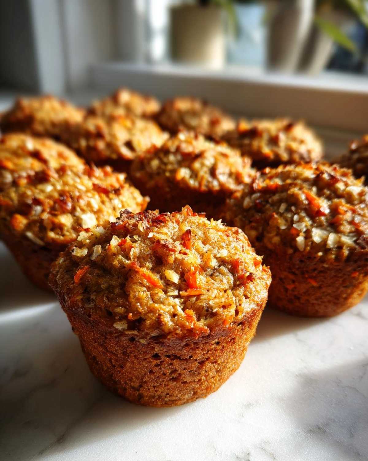 A close-up of several moist morning glory muffins topped with shredded carrots and coconut.