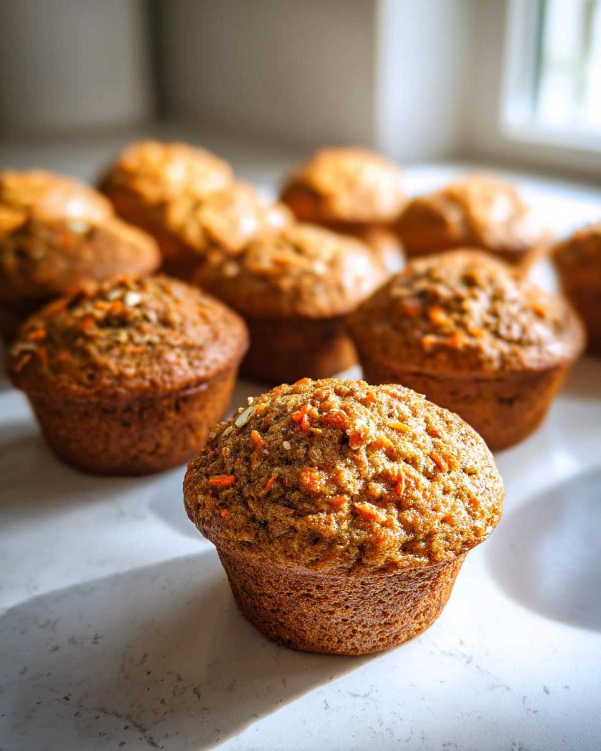 A close-up of one perfectly baked morning glory muffin, topped with visible shredded carrots and seeds, with more muffins blurred in the background.