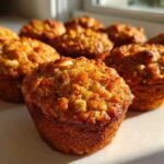 A close-up, low-angle shot of several golden brown morning glory muffins sitting on a white counter in natural sunlight.