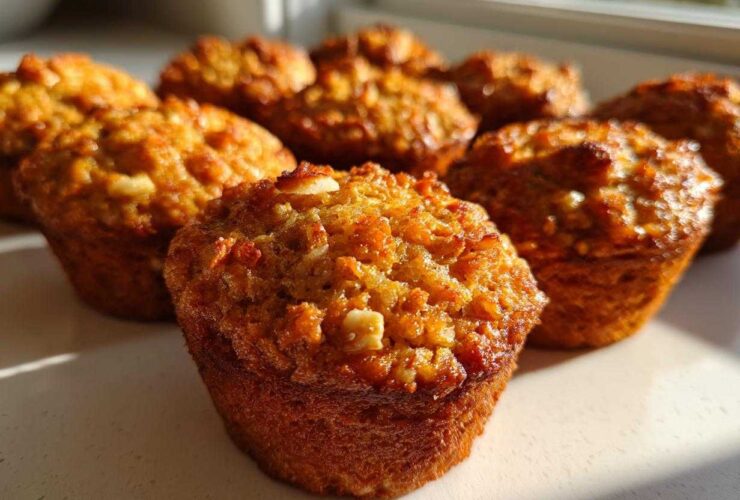 A close-up, low-angle shot of several golden brown morning glory muffins sitting on a white counter in natural sunlight.