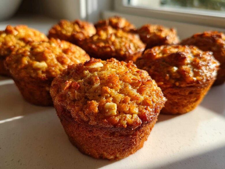 A close-up, low-angle shot of several golden brown morning glory muffins sitting on a white counter in natural sunlight.