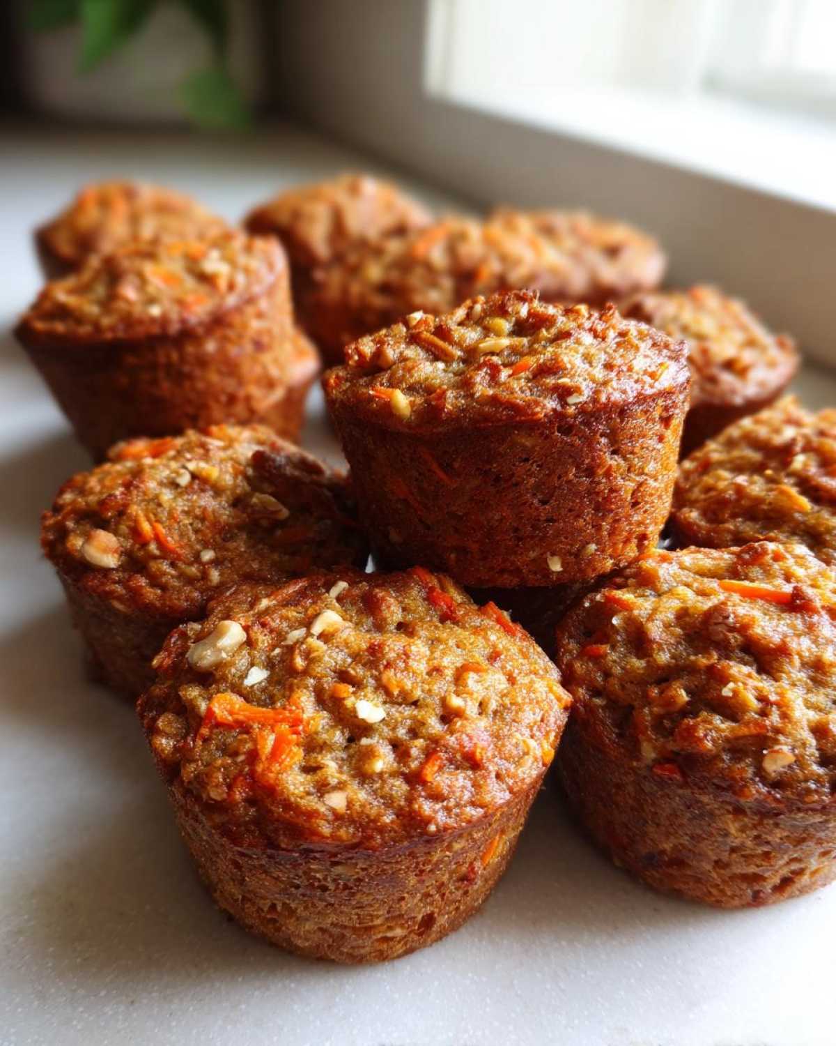 A pile of freshly baked, golden brown morning glory muffins topped with visible shredded carrots and chopped nuts.