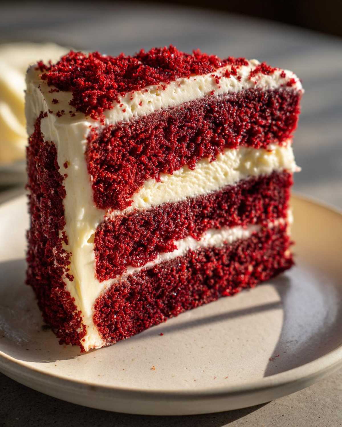 Close-up of a tall, moist slice of red velvet cake layered with white cream cheese frosting and topped with red cake crumbs.