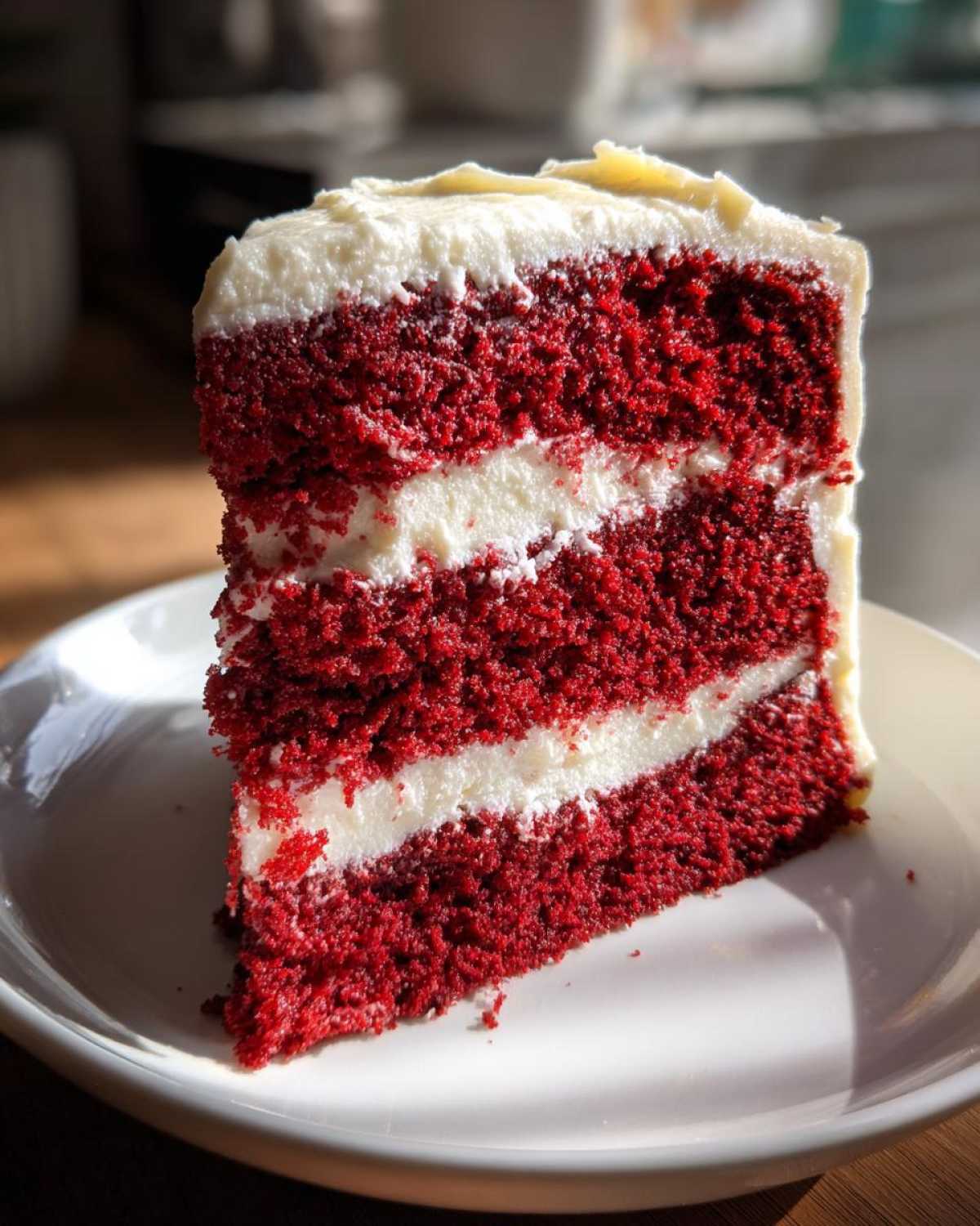 A tall, moist slice of red velvet cake featuring three layers of deep red cake separated by thick white cream cheese frosting.