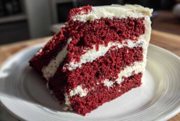 Close-up of a tall, moist slice of red velvet cake showing three layers of deep red cake and thick white cream cheese frosting.