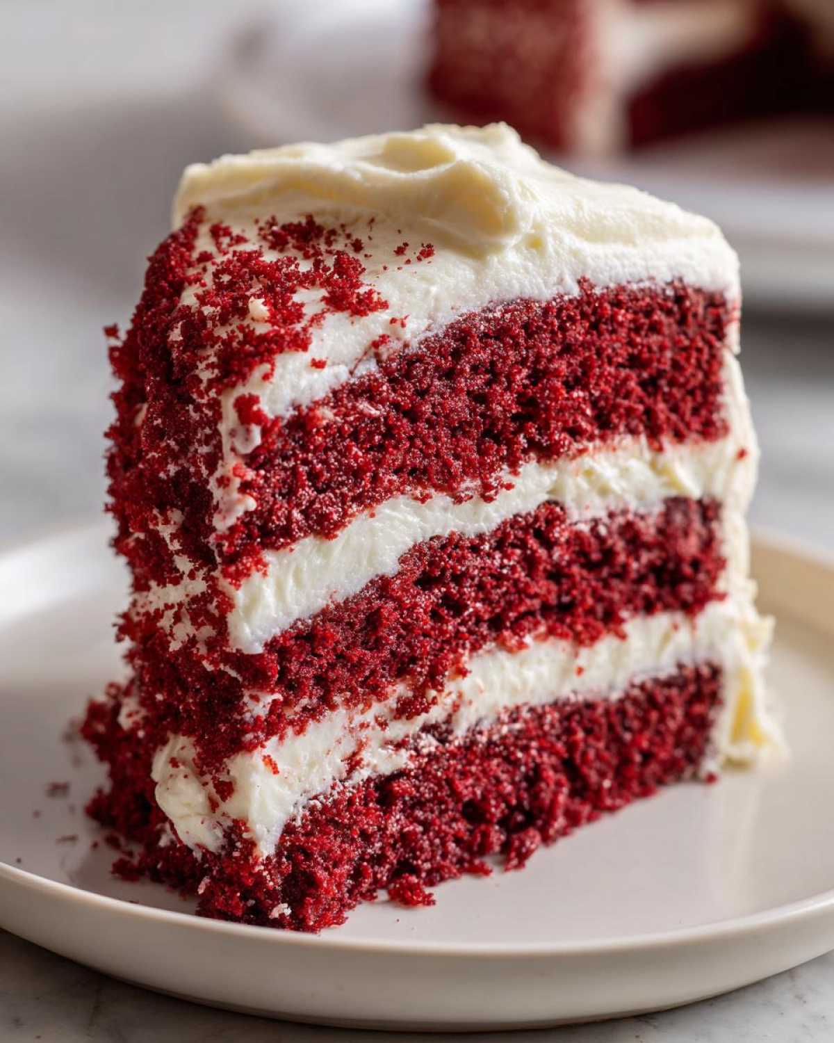 Close-up of a tall, moist slice of red velvet cake layered with white cream cheese frosting.