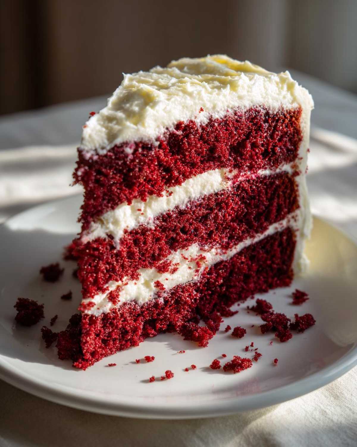 A tall, moist slice of red velvet cake featuring three layers of deep red cake separated by thick white cream cheese frosting.