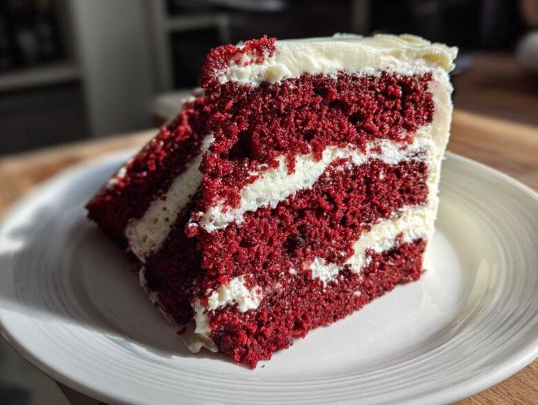 Close-up of a tall, moist slice of red velvet cake showing three layers of deep red cake and thick white cream cheese frosting.