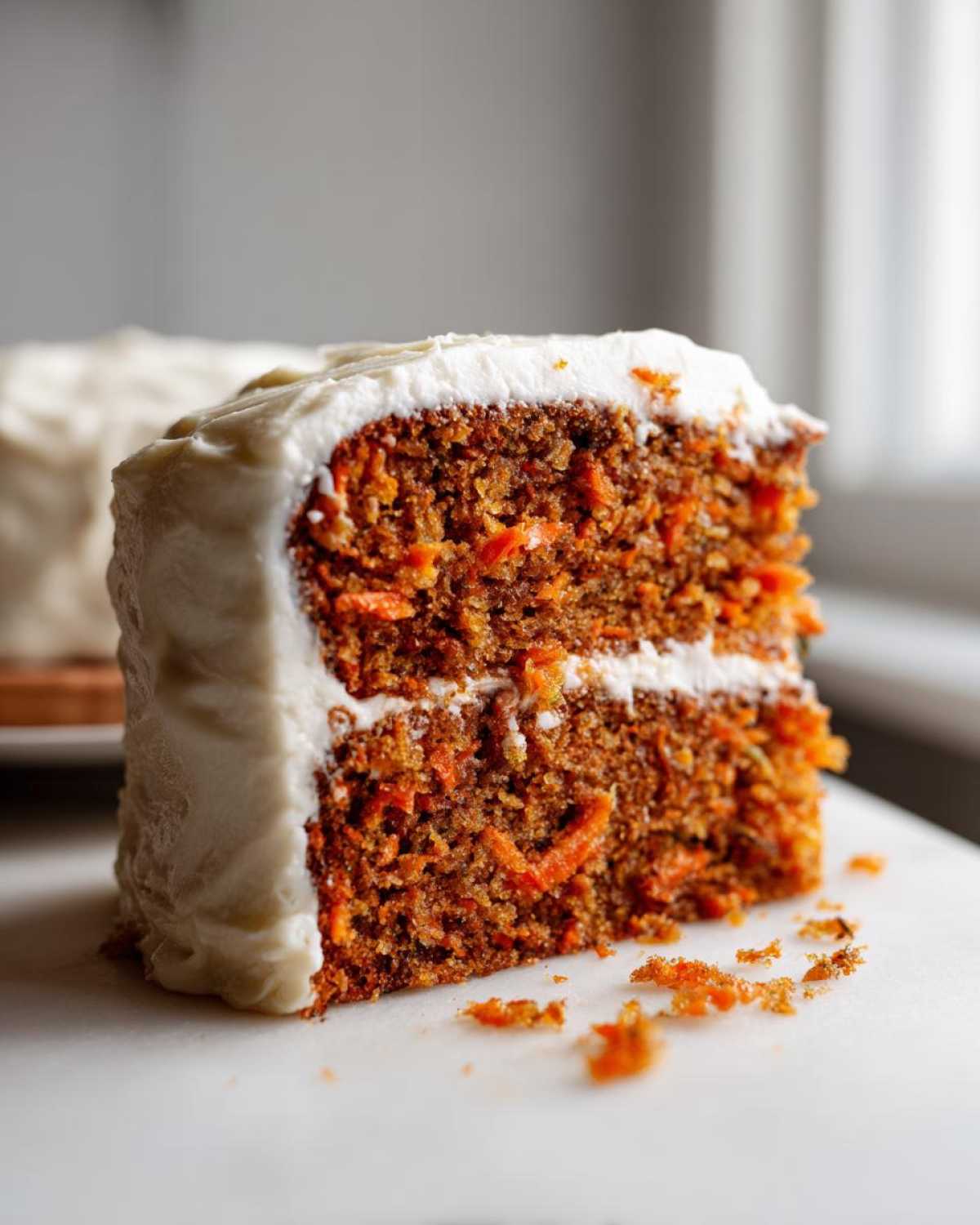 Close-up of a thick slice of moist carrot cake recipe showing two layers and rich cream cheese frosting.