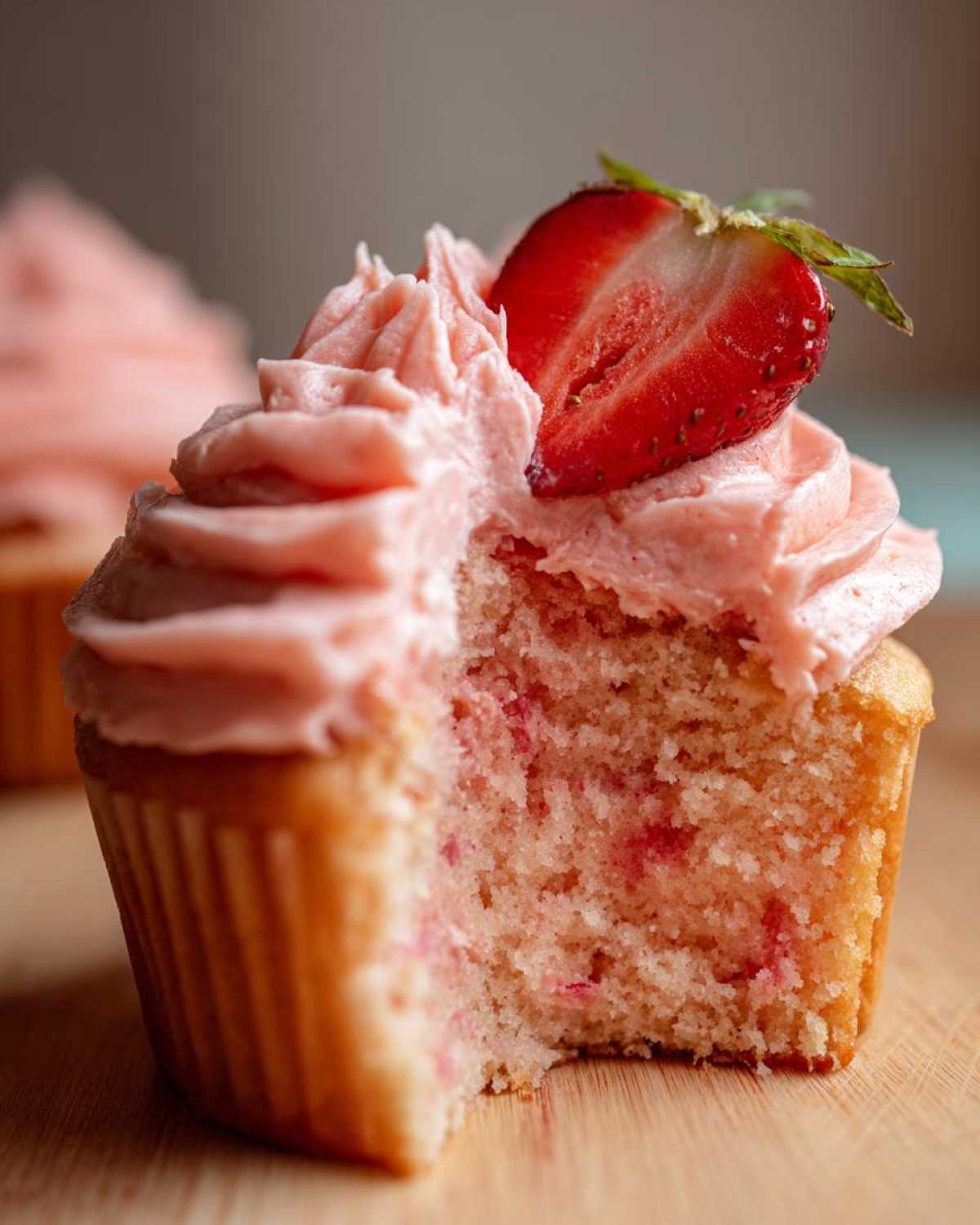 Close-up of a strawberry cupcakes with a bite taken out, showing the moist crumb and pink strawberry frosting topped with a fresh strawberry slice.