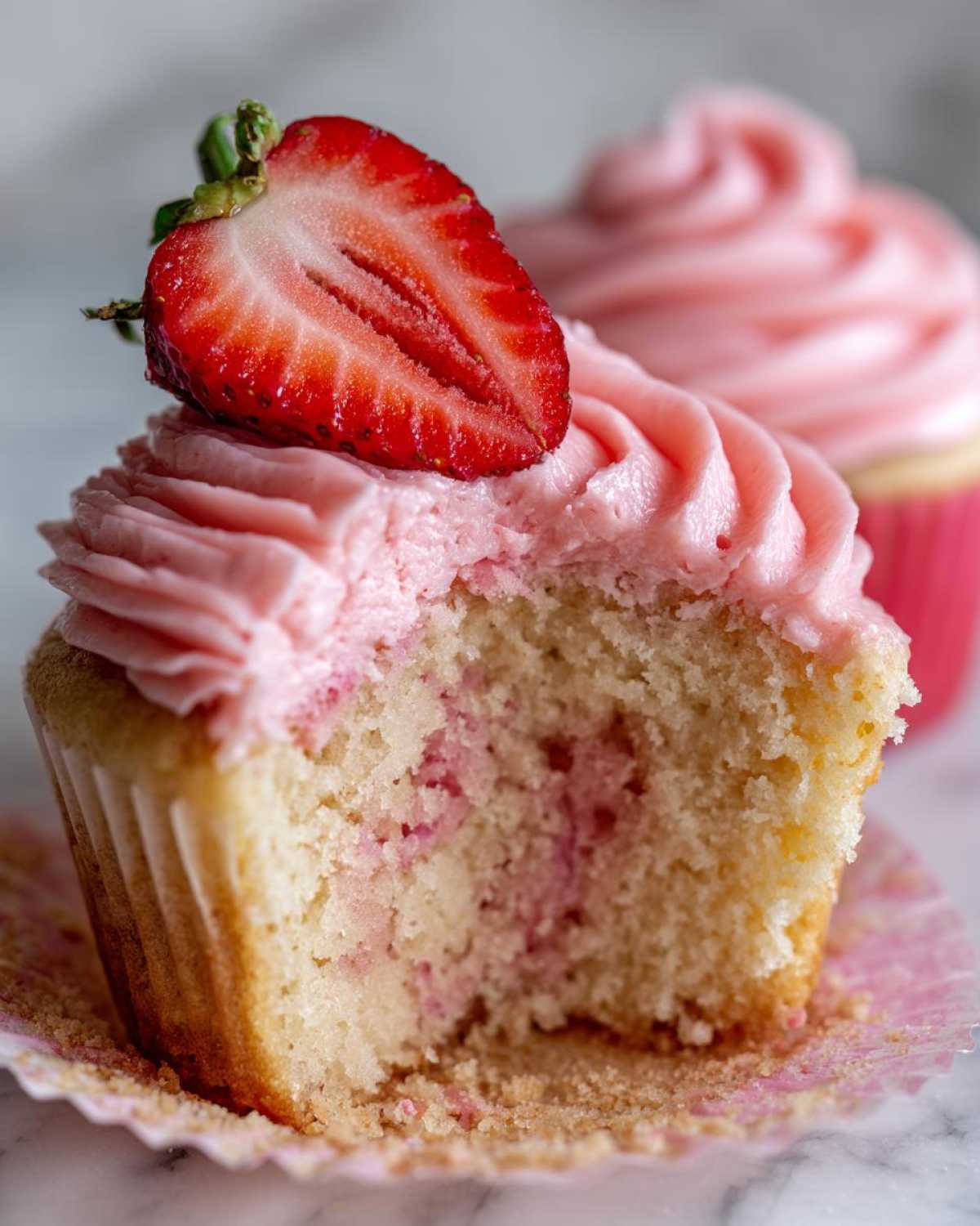 Close-up of a strawberry cupcake with a bite taken out, showing moist cake and pink frosting, topped with a fresh strawberry slice.