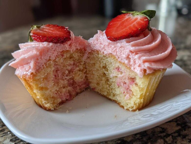 Cross-section view of moist strawberry cupcakes showing pink frosting and fresh strawberry slices on top.