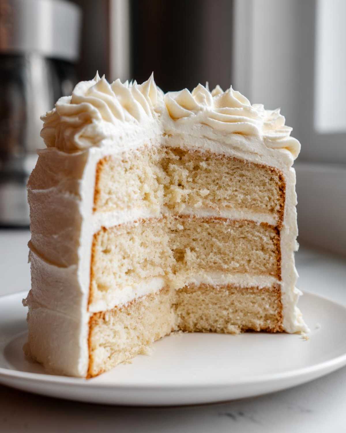Cross-section of a three-layer vanilla cake recipe slice showing moist crumb and white frosting.