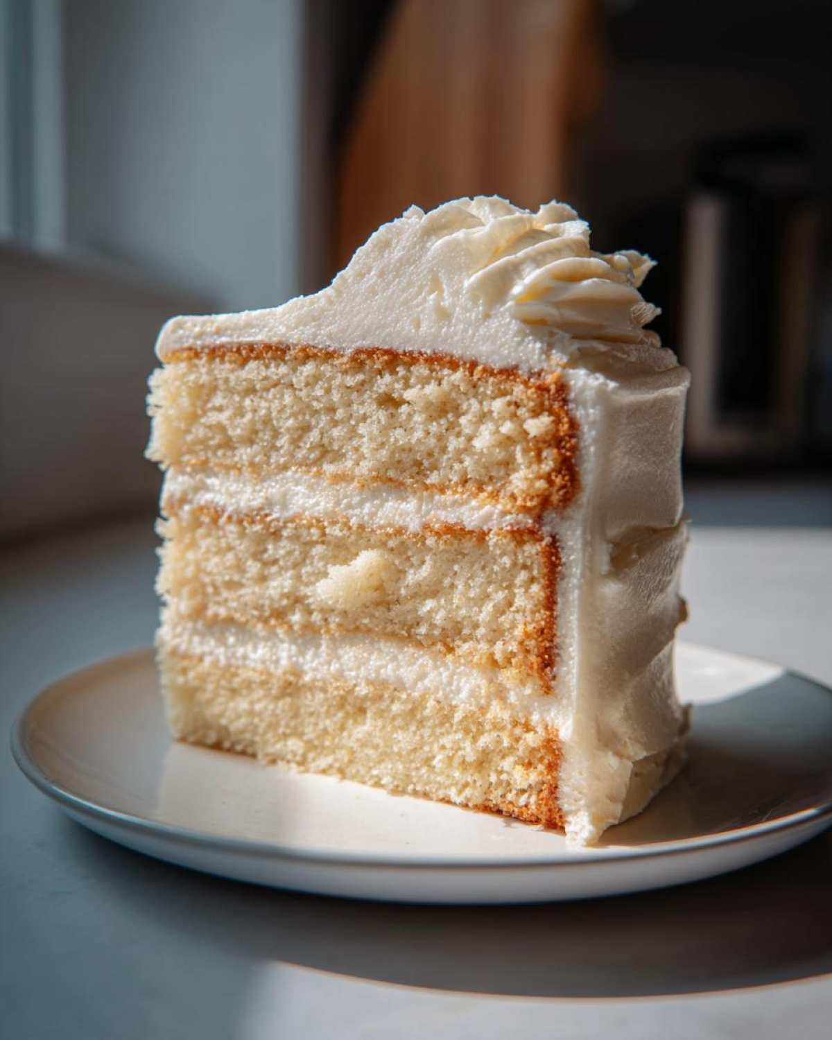 A tall, moist slice of vanilla cake recipe with three layers and thick white frosting.