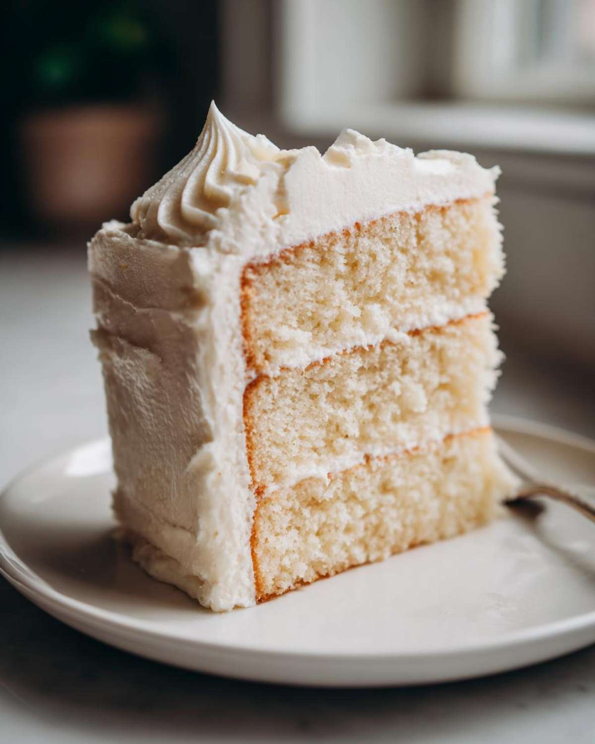 Close-up of a moist, three-layer slice of vanilla cake recipe with thick white frosting.