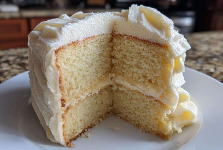 Close-up of a moist slice from a two-layer vanilla cake recipe with creamy white frosting.