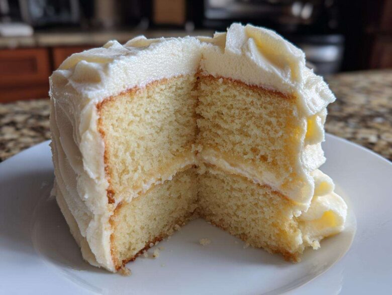 Close-up of a moist slice from a two-layer vanilla cake recipe with creamy white frosting.