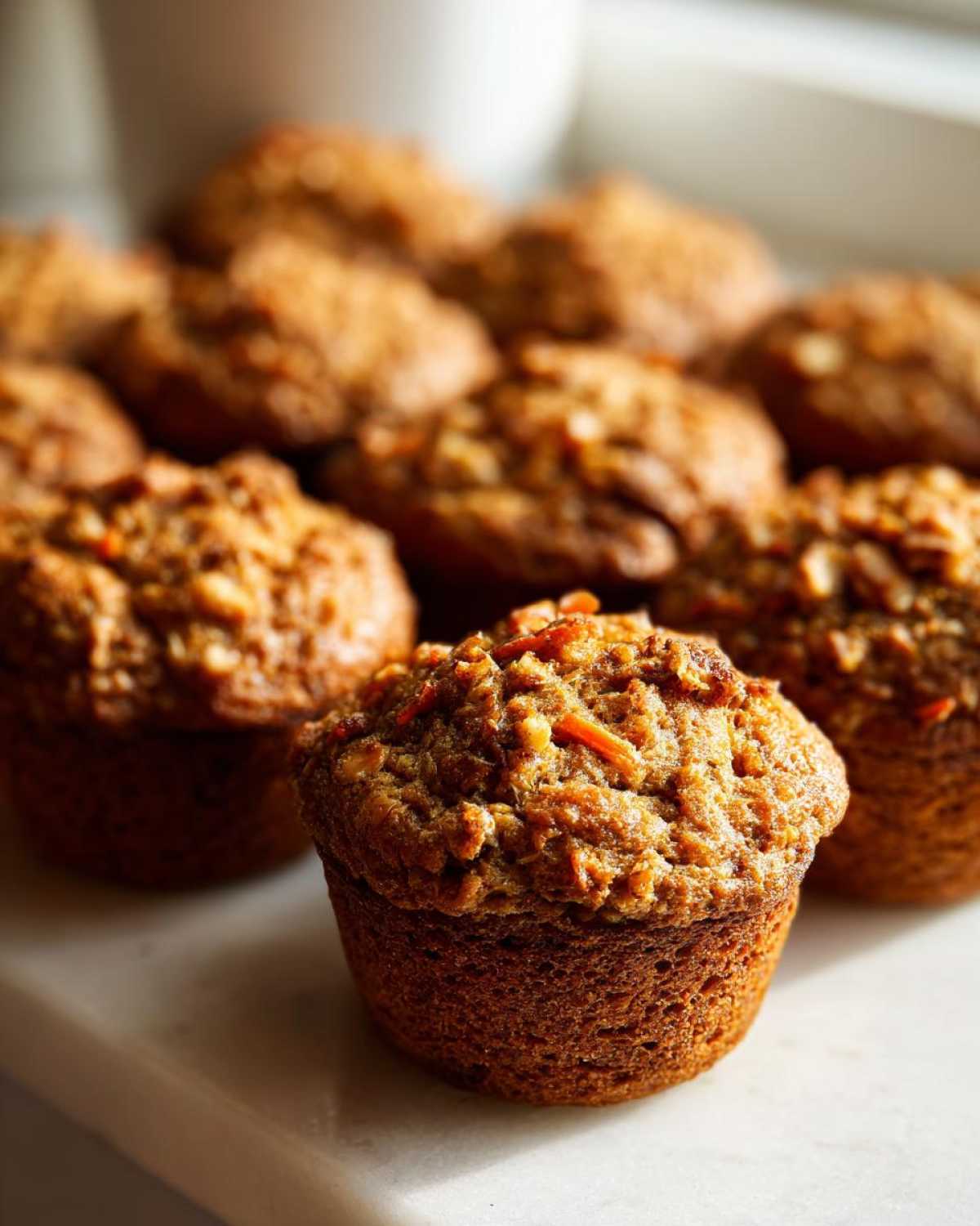 A close-up of a freshly baked morning glory muffin, showing visible shredded carrots and nuts on the textured top.