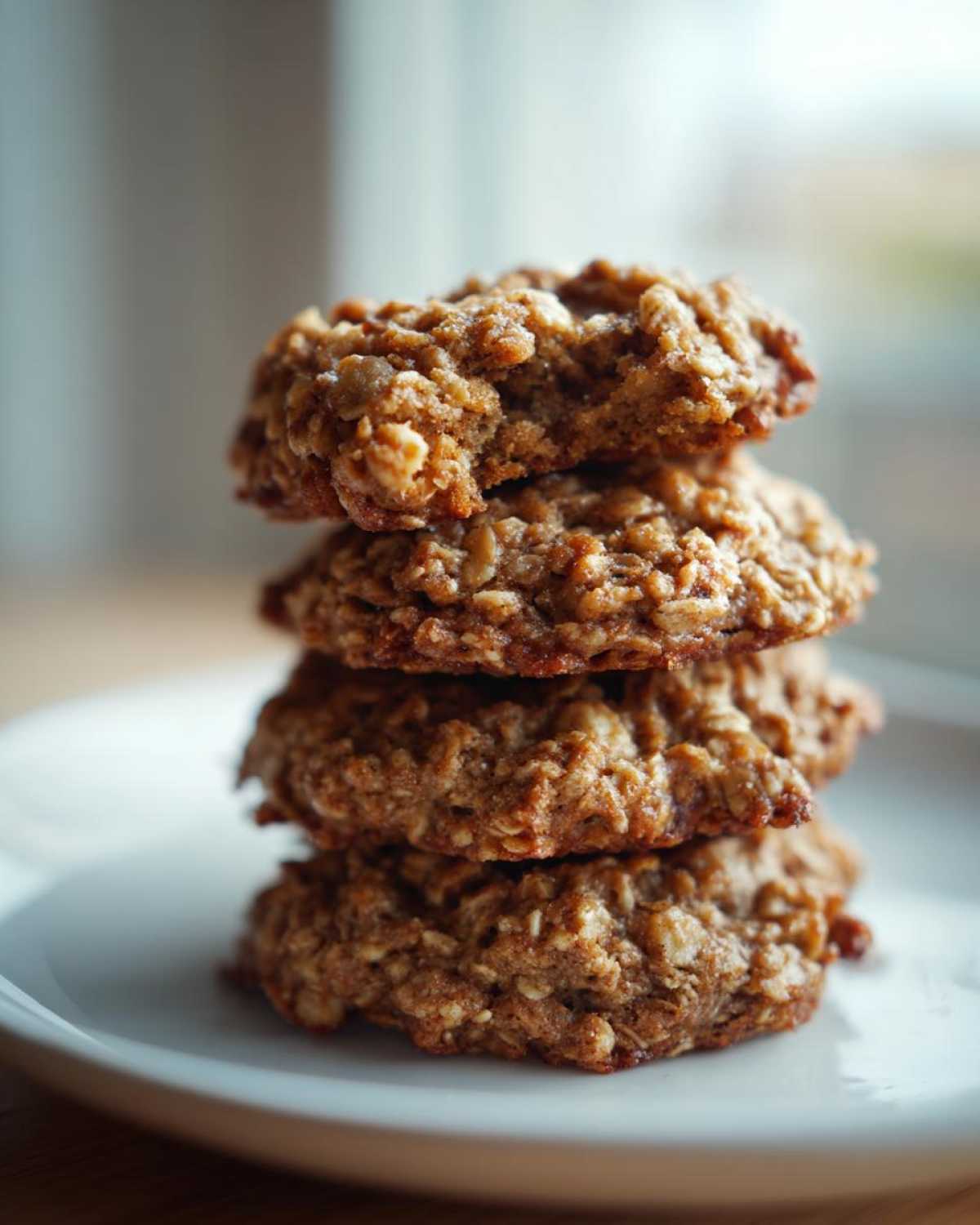 A stack of four textured, oatmeal breakfast cookie treats resting on a white plate.