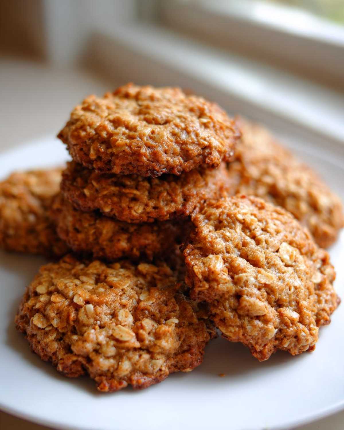 A stack of golden brown, textured oatmeal breakfast cookie treats piled on a white plate near a window.