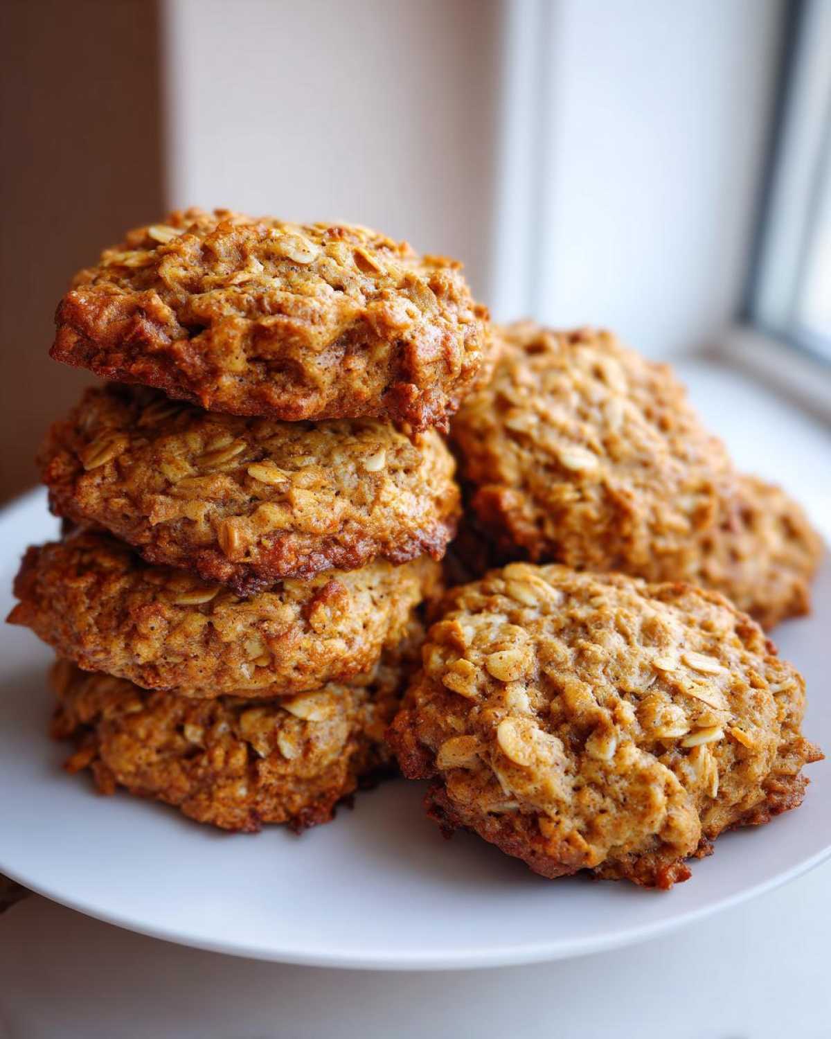 A stack of golden brown, textured breakfast cookie treats made with visible oats, placed on a white plate.