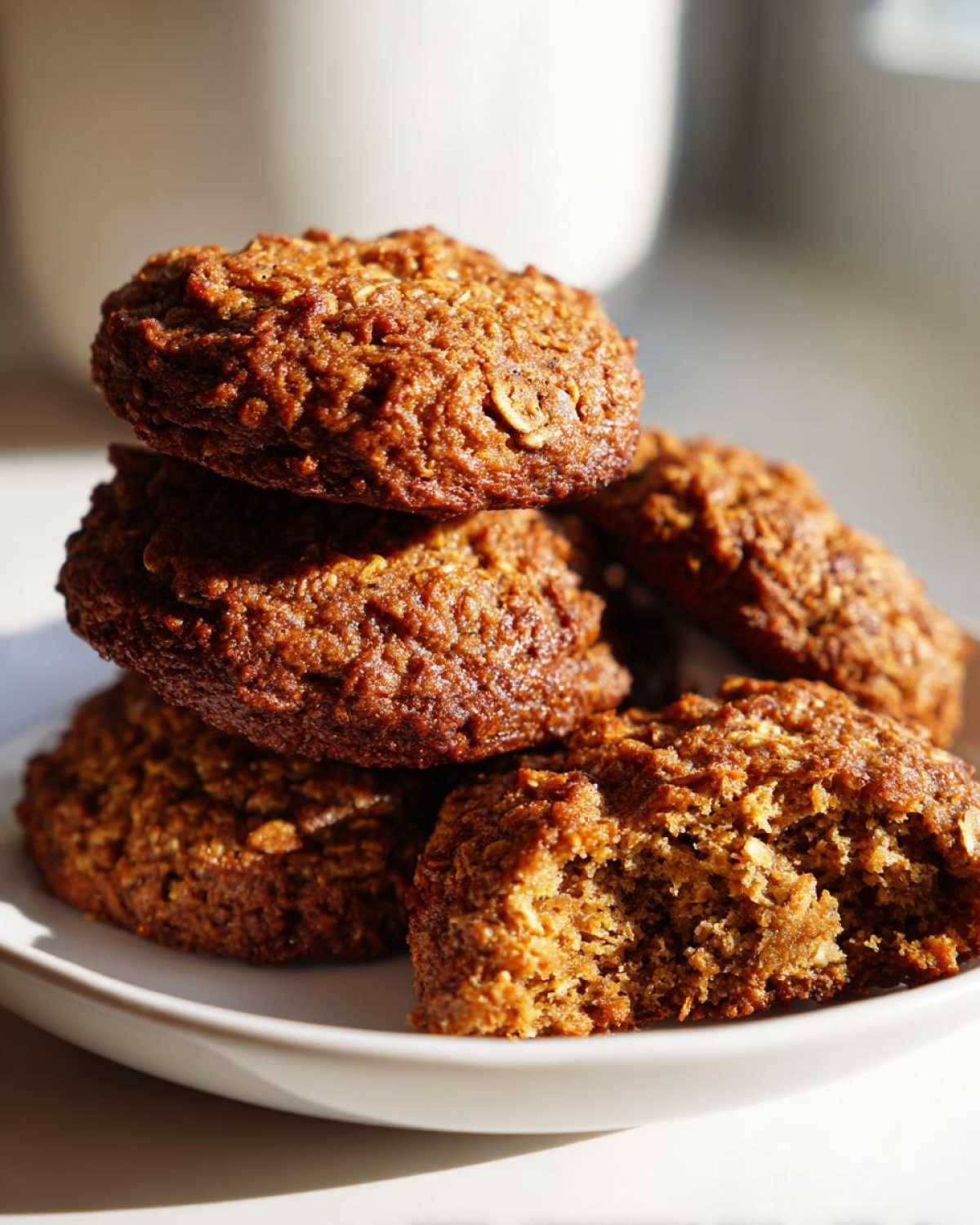 A stack of rich, dark brown oatmeal breakfast cookie, with one cookie broken open to show the soft interior.
