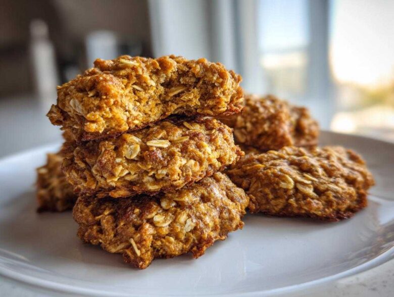 A stack of four golden brown, textured breakfast cookie treats made with visible oats, one on top is broken open.
