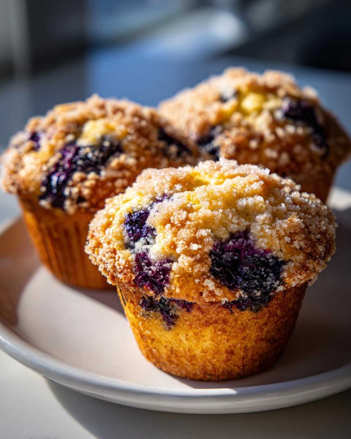 Three golden blueberry muffins with a sugary crumb topping sitting on a light plate.