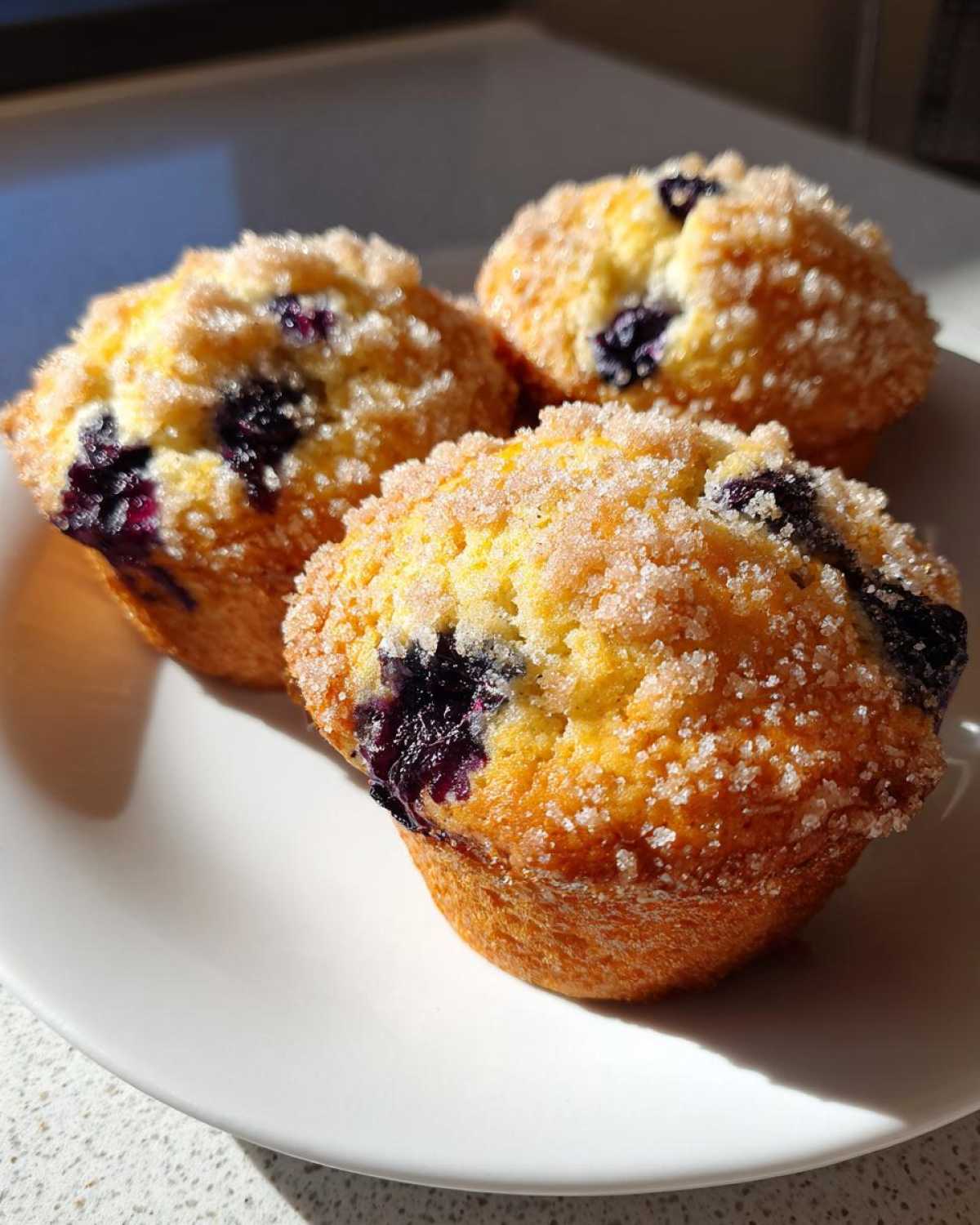 Three golden-brown blueberry muffins topped with coarse sugar sitting on a white plate.