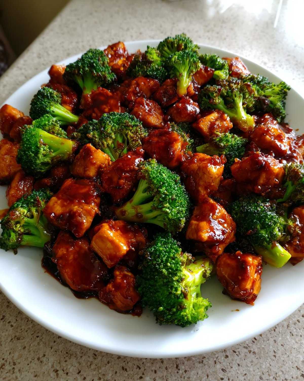 A white plate filled with glossy, saucy chicken and bright green broccoli florets, showcasing the chicken and broccoli dish.