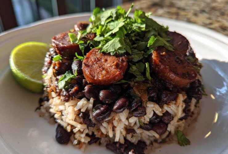 A close-up serving of flavorful black beans and rice topped with sliced sausage and fresh cilantro, with a lime wedge on the side.