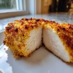 Cross-section of perfectly cooked parmesan crusted chicken showing juicy white meat and a golden, crispy crust.