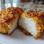 A piece of parmesan crusted chicken cut in half showing juicy white meat inside and a golden, crispy crust.