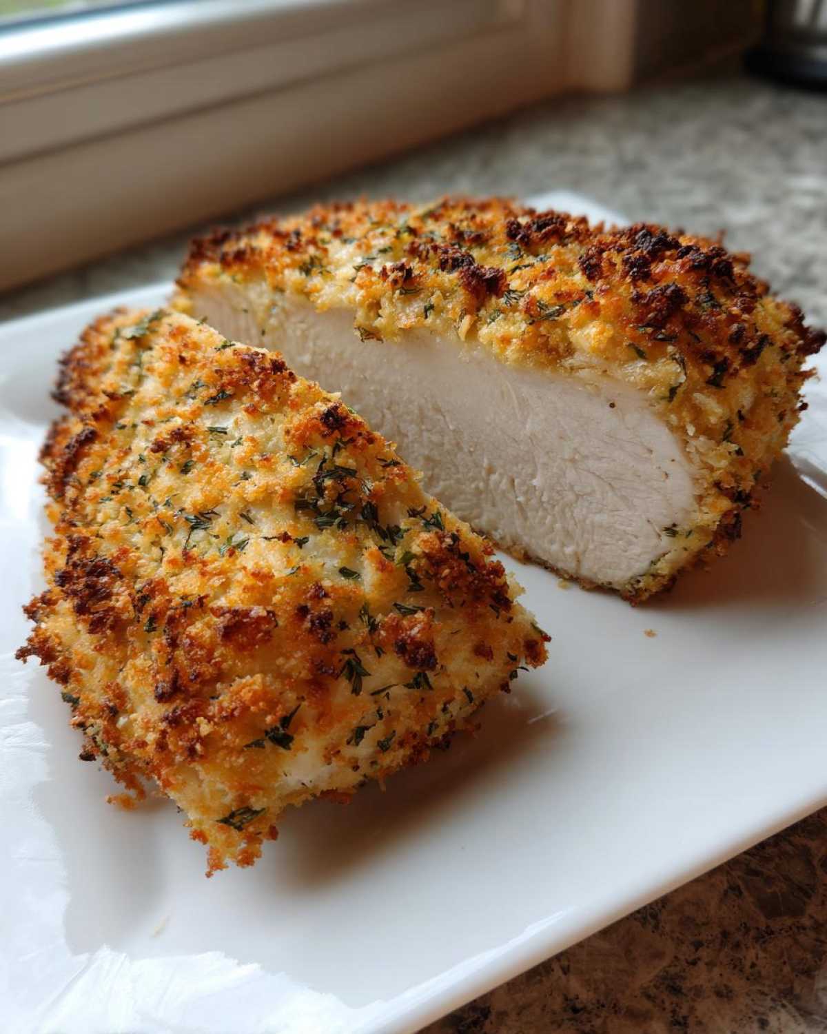 A juicy parmesan crusted chicken breast, sliced in half to show the white, cooked interior and crispy golden topping.
