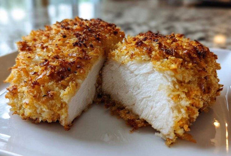 A piece of parmesan crusted chicken cut in half showing juicy white meat inside and a golden, crispy crust.