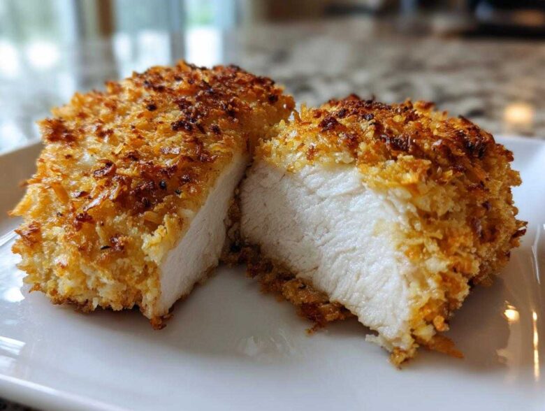 A piece of parmesan crusted chicken cut in half showing juicy white meat inside and a golden, crispy crust.